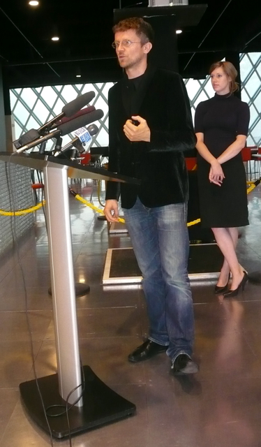 MIT Professor Carlo Ratti, director of the Trash Track project, at Seattle's Central Public Library. Associate Jennifer Dunnam is behind him.